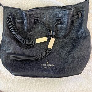 kate spade Black Pebbled Leather Drawstring Bucket Shoulder Bag with Tassels